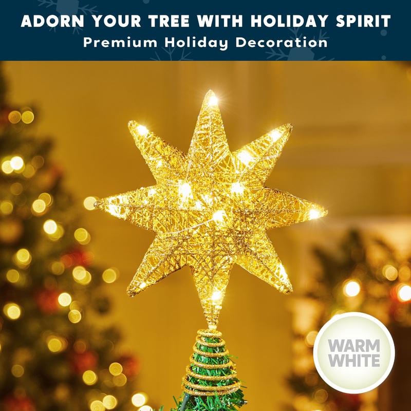 Christmas Tree Topper,20 LED Gold Glitter 8-Point Star with Lights,Light Up Tree Topper Christmas Decorations Xmas Tree Decorations