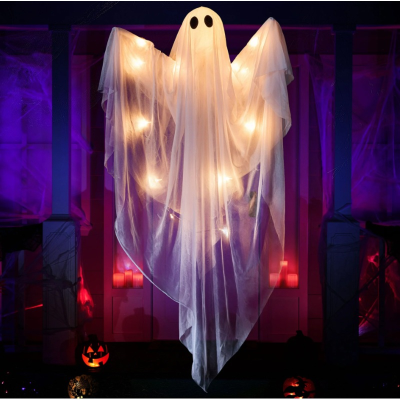Joyfy 47inch Halloween Decorations Outdoor Hanging Ghost,Light up White Ghosts with Spooky Warm White LED Light,Halloween Outdoor Yard Porch Decorations,Haunted House Decorations