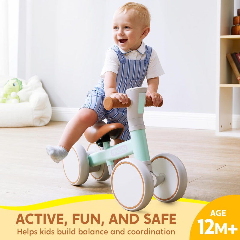 LED Baby Balance Bike with Music for 1 2 3 Year Old Boys Girls 12-36 Months Adjustable Toddler First Bike with Lights & Sounds 4 Wheels Riding Toys, First Birthday Gifts