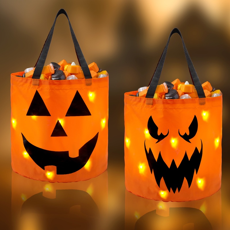 SYNCFUN 2 Pcs Halloween Candy Bag,LED Light Pumpkin Candy Buckets for Kids,Halloween Trick or Treat Bucket with Pumpkin Smile Face for Halloween Party Favors Goodie Bags