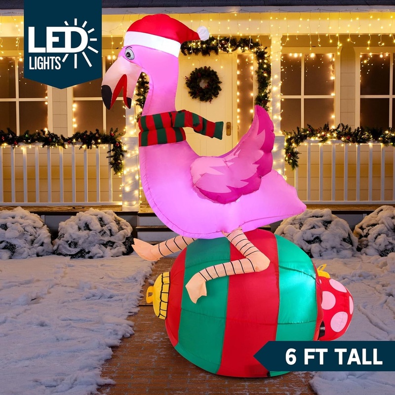 Syncfun 6 FT Christmas Inflatables Flamingo on Ornament Outdoor Decorations,Christmas Blow Ups Yard with Built-in LEDs for Holiday Party Garden Lawn Decor
