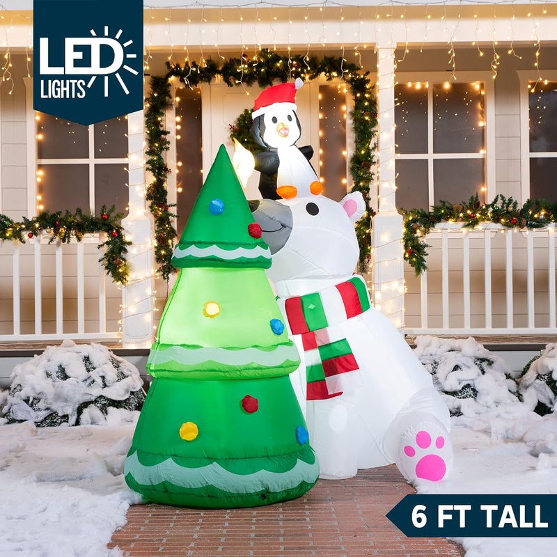 Syncfun 6 FT Christmas Inflatables Polar Bear and Penguin with Christmas Tree Outdoor Decorations,Christmas Blow Ups Yard with Built-in LEDs for Holiday Party Garden Lawn Decor