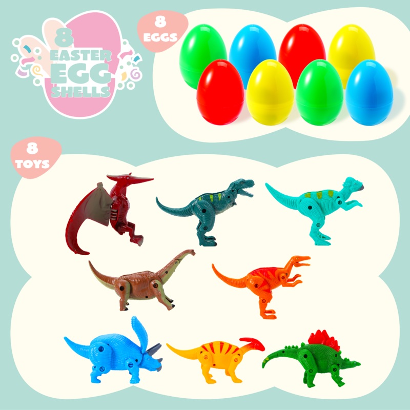 SYNCFUN 8 Pcs Easter Eggs Prefilled with Deformable Transforming Dinosaur Toys,Colorful Easter Egg Fillers,Easter Basket Stuffers Toy Gifts Party Favor for Kids