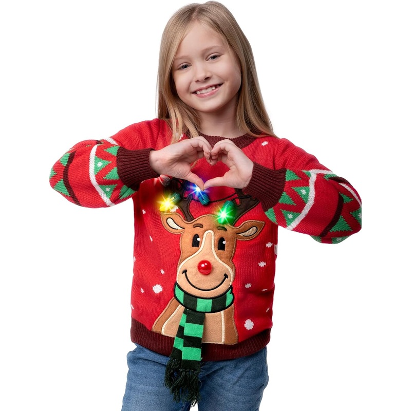 Syncfun Light Up Ugly Christmas Sweater for Kids,Funny LED Reindeer Christmas Sweater for Girls Boys,Holiday Sweater