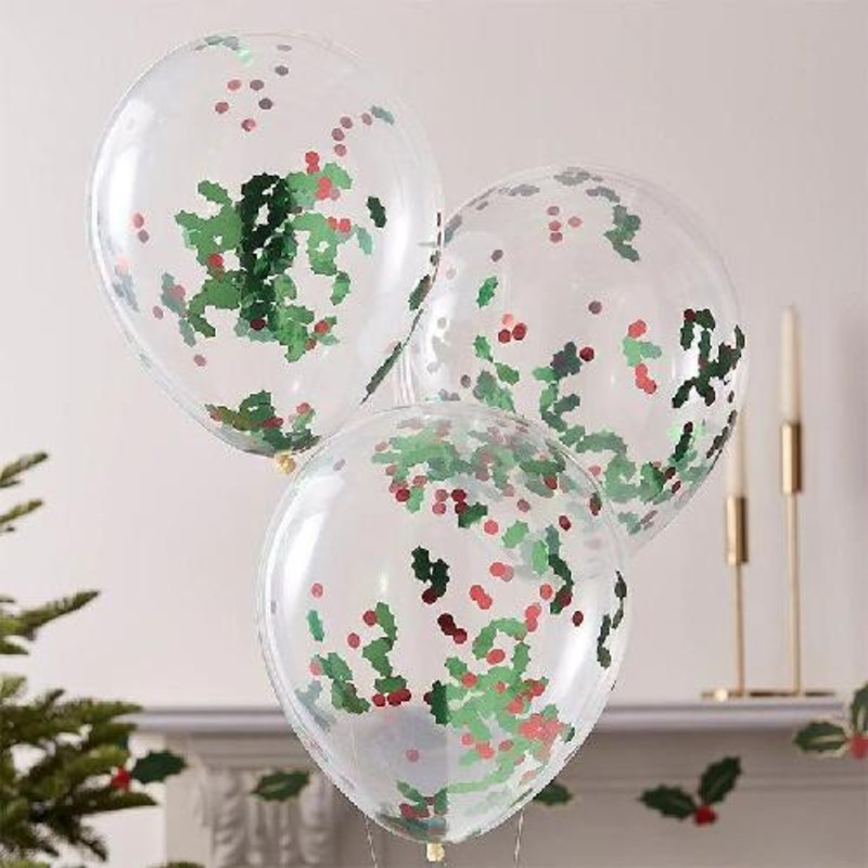 Christmas Holly Confetti Latex Balloons 12Inches Pack of 5