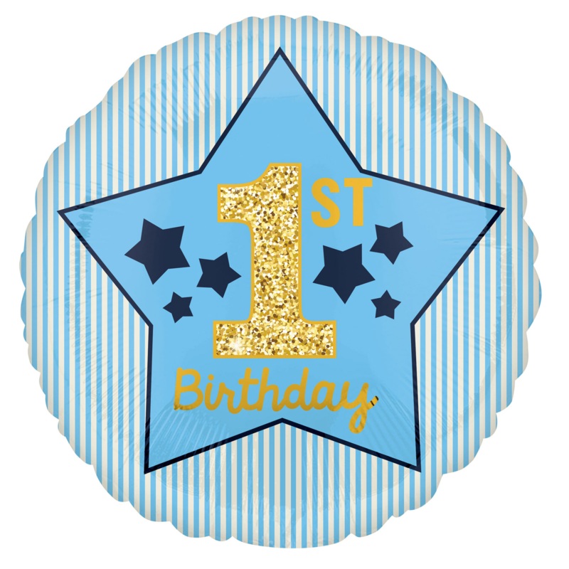 COLLECTION ONLY - 1 Boys 1st Birthday Standard Foil Balloon Filled with Helium & Dressed with Ribbon & Weight