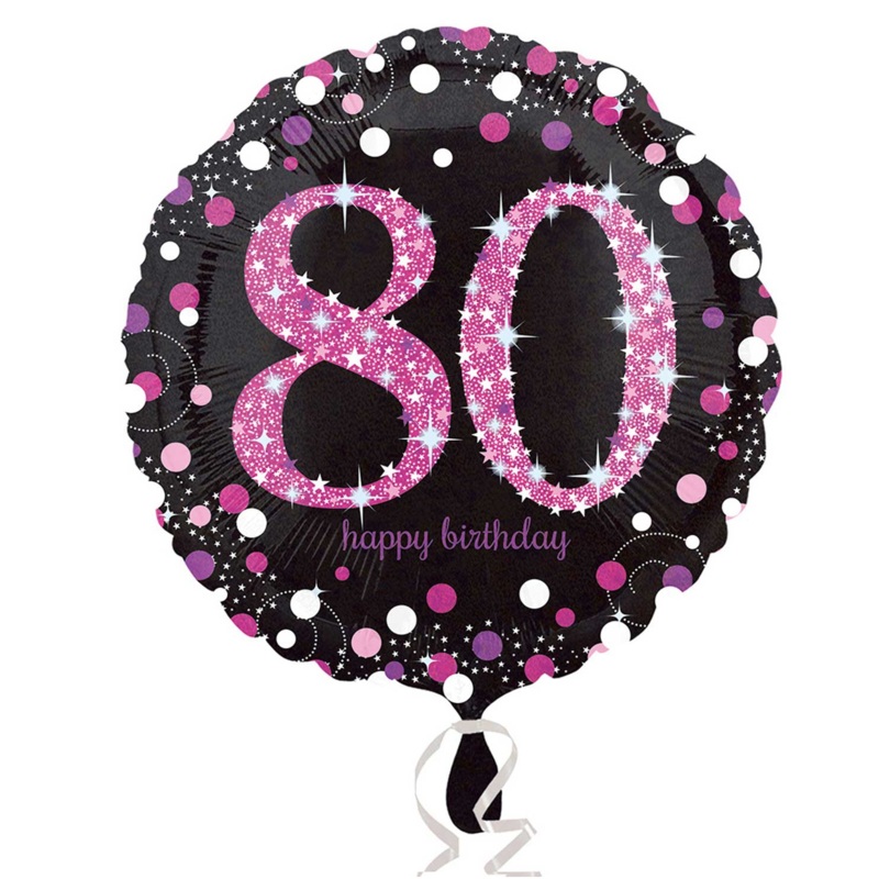 COLLECTION ONLY - 1 Happy Birthday 80th Pink Celebration Standard Foil Balloon Filled with Helium & Dressed with Ribbon & Weight
