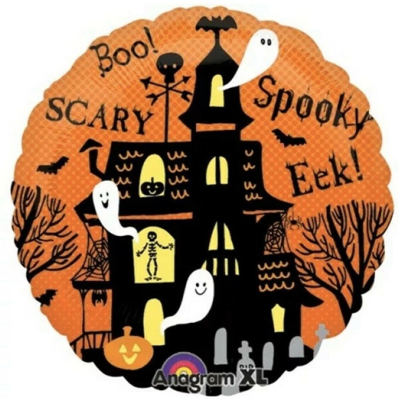 COLLECTION ONLY - 1 Haunted House Halloween Standard Foil Balloon Filled with Helium & Dressed with Ribbon & Weight