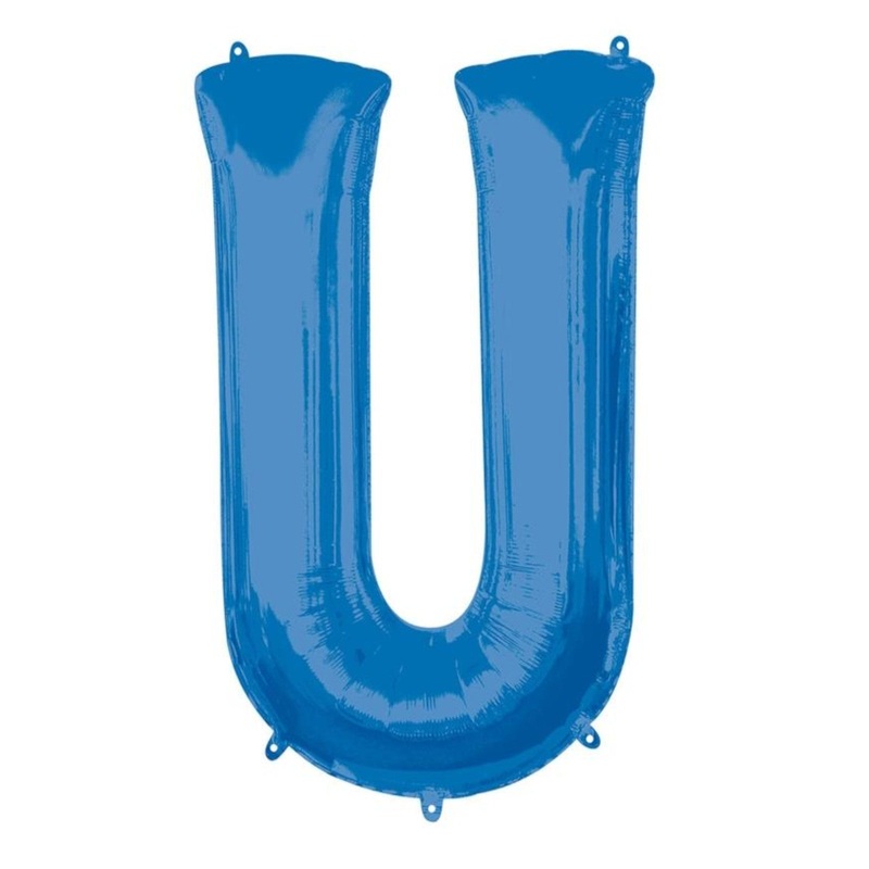 COLLECTION ONLY - Blue Letter U Filled with Helium & Dressed with Ribbon & Weight
