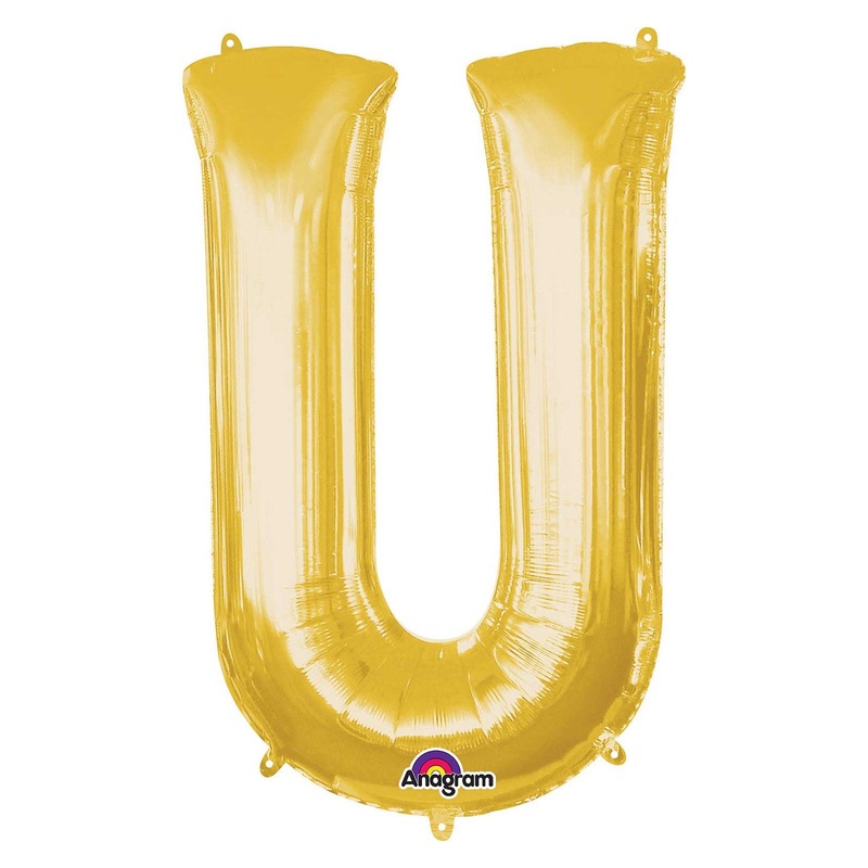 COLLECTION ONLY - Gold Letter U Filled with Helium & Dressed with Ribbon & Weight