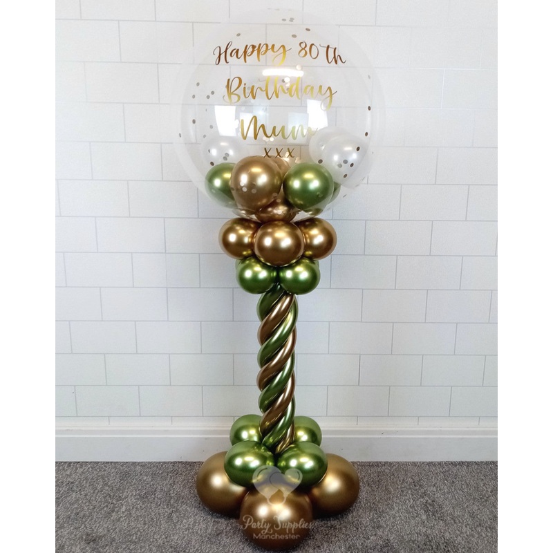 COLLECTION ONLY - Green & Gold Twisted Tower Topped with a Clear Bubble filled with Balloons & Gold Confetti - Gold Message