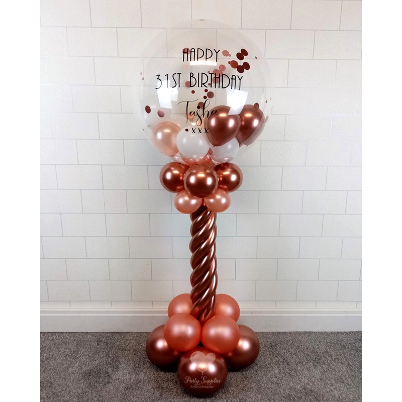 COLLECTION ONLY - Rose Gold Twisted Tower Topped with a Clear Bubble filled with Balloons & Confetti - Black Message