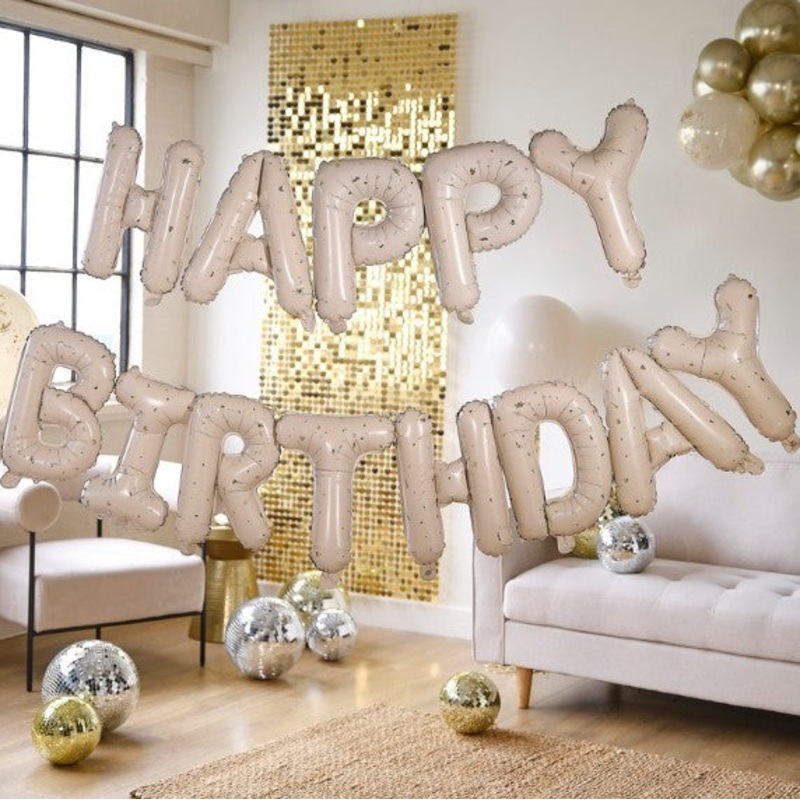 Happy Birthday Cream With Gold Fleck Balloon Letter Banner Air Filled