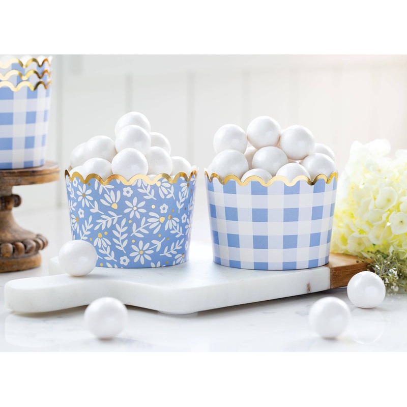 Jumbo Foiled Blue Gingham Floral Baking Cup 40pk.