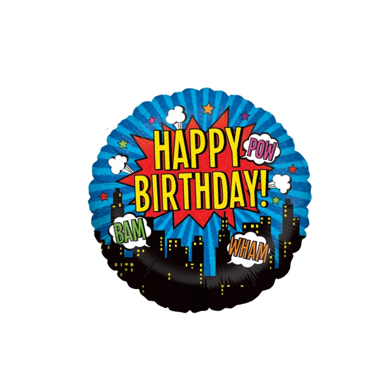 Superhero Happy Birthday Foil Balloon Filled with Helium