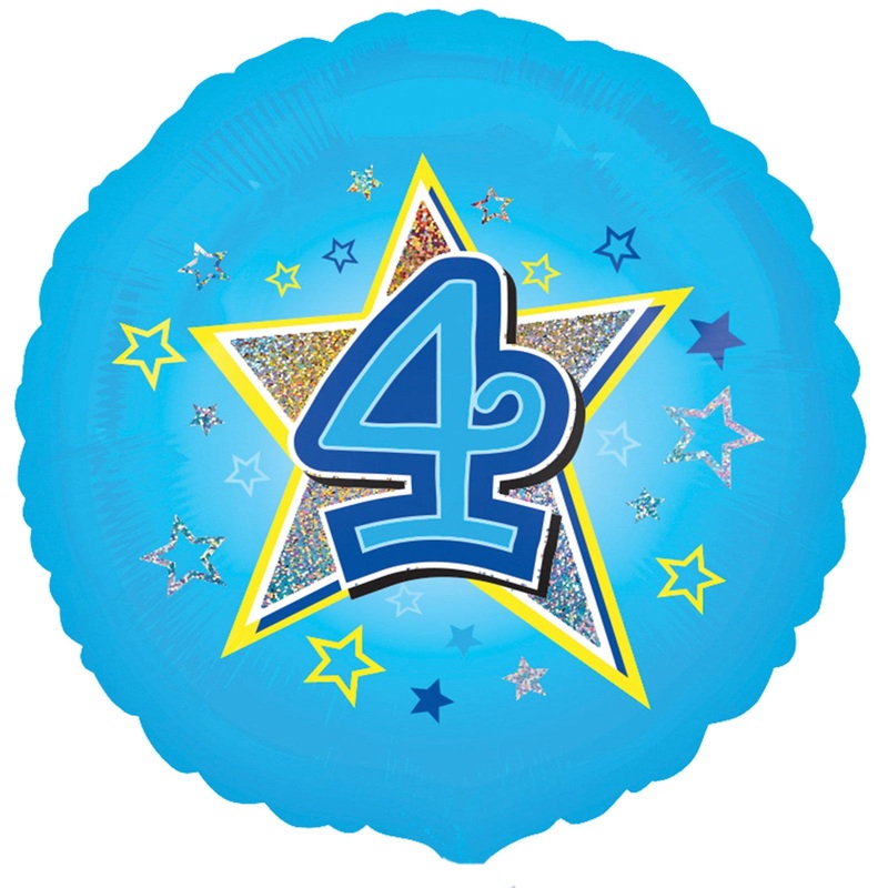 COLLECTION ONLY - 1 Blue Number 4 Standard Foil Balloon Filled with Helium & Dressed with Ribbon & Weight