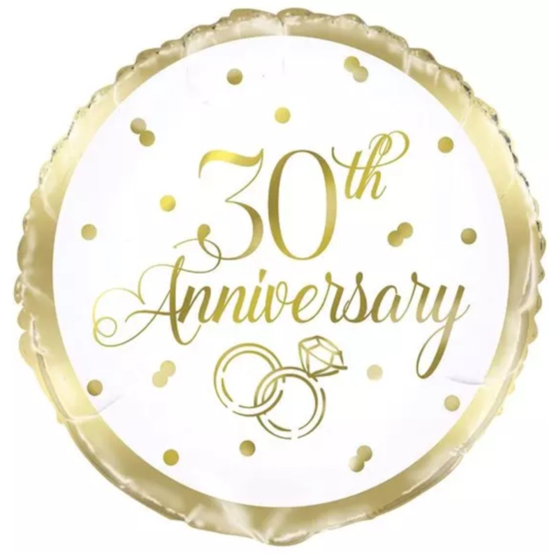 COLLECTION ONLY - 1 Happy 30th Anniversary Foil Balloon 18" Filled with Helium & Dressed with Ribbon & Weight