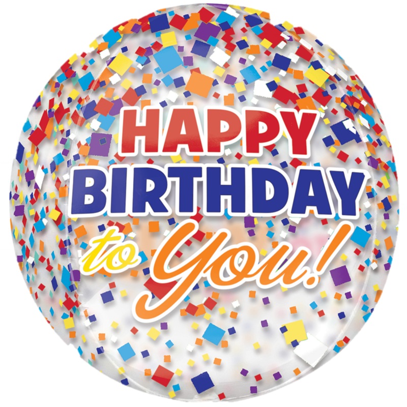 COLLECTION ONLY - 1 Happy Birthday Confetti Orbz Balloon Filled with Helium & Dressed with a Balloon Collar, Ribbon & Weight