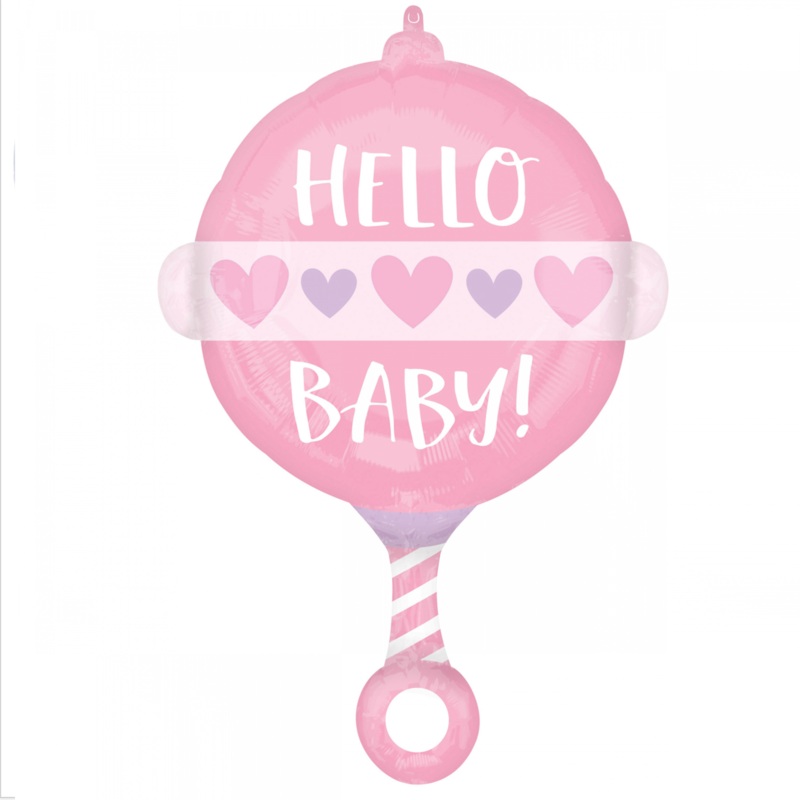 COLLECTION ONLY - 1 Hello Baby Pink Rattle Foil Balloon 24" Filled with Helium & Dressed with Ribbon & Weight