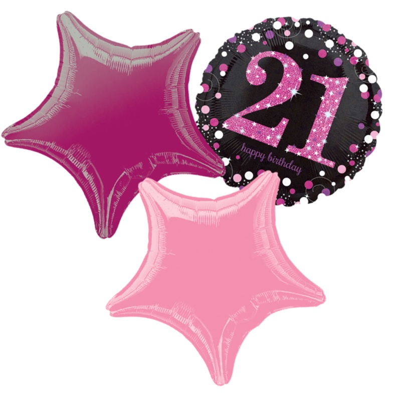 COLLECTION ONLY -  21st Pink Birthday Foil Balloon Bouquet Filled with Helium & Dressed with Ribbon & Weight