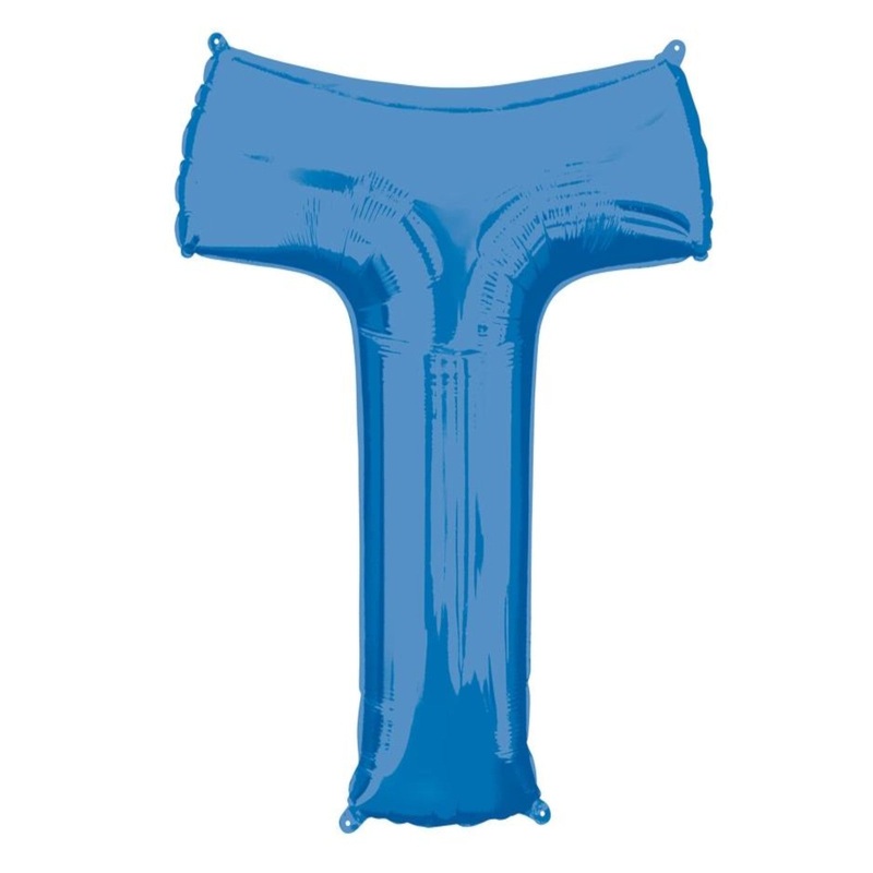COLLECTION ONLY - Blue Letter T Filled with Helium & Dressed with Ribbon & Weight