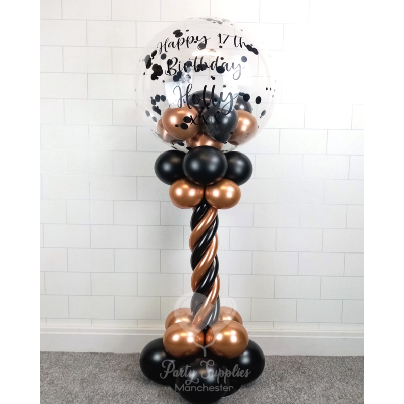 COLLECTION ONLY - Copper & Black Twisted Tower Topped with a Clear Bubble filled with Balloons & Black Confetti - Black Message