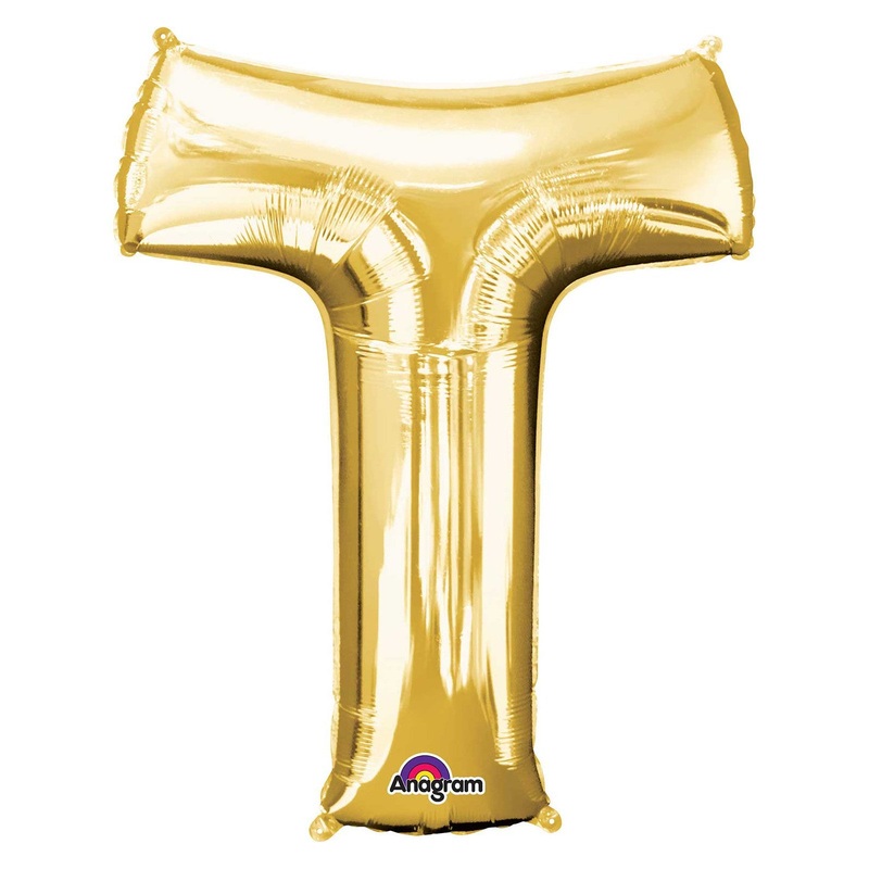 COLLECTION ONLY - Gold Letter T Filled with Helium & Dressed with Ribbon & Weight