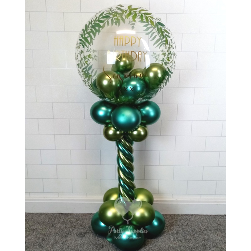 COLLECTION ONLY - Green Twisted Tower Topped with a Elegant Greenery Bubble filled with Balloons - Gold Message