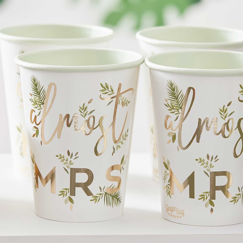 Botanical Hen Party Gold Foiled 'Almost Mrs' Paper Cups 9.5cm H x 7.5cm W