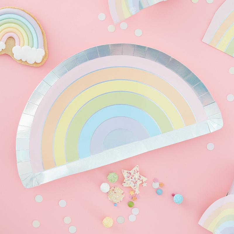 Ginger Ray Pastel Party Rainbow Shaped Iridescent Foiled Paper Plates 8 ct.