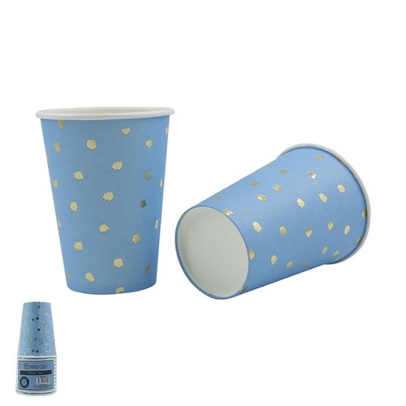 12pk 266ml Blue Paper Cup with Gold Foiled Dots