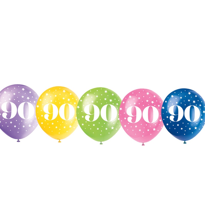 90th Birthday Latex Balloons 11" - Assorted - Pack of 5