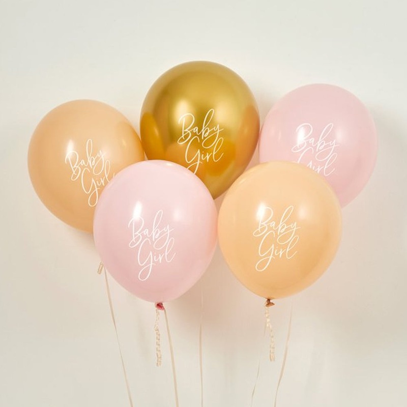 Baby Girl Latex Balloons - Pink, Nude & Gold - 12" - Pack of 5