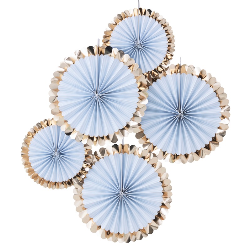 Ginger Ray Gold Foiled Blue Paper Fan Decorations - Pack of 5