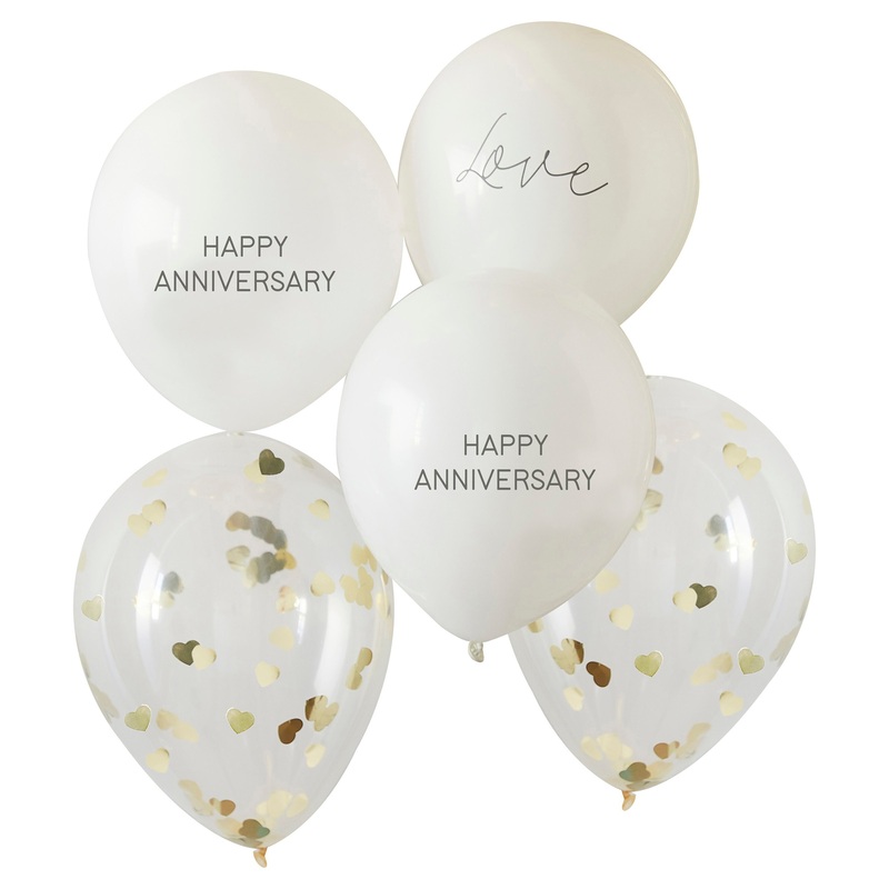 Ginger Ray Happy Anniversary & Gold Heart Confetti Latex Balloon 12in - Pack of 5