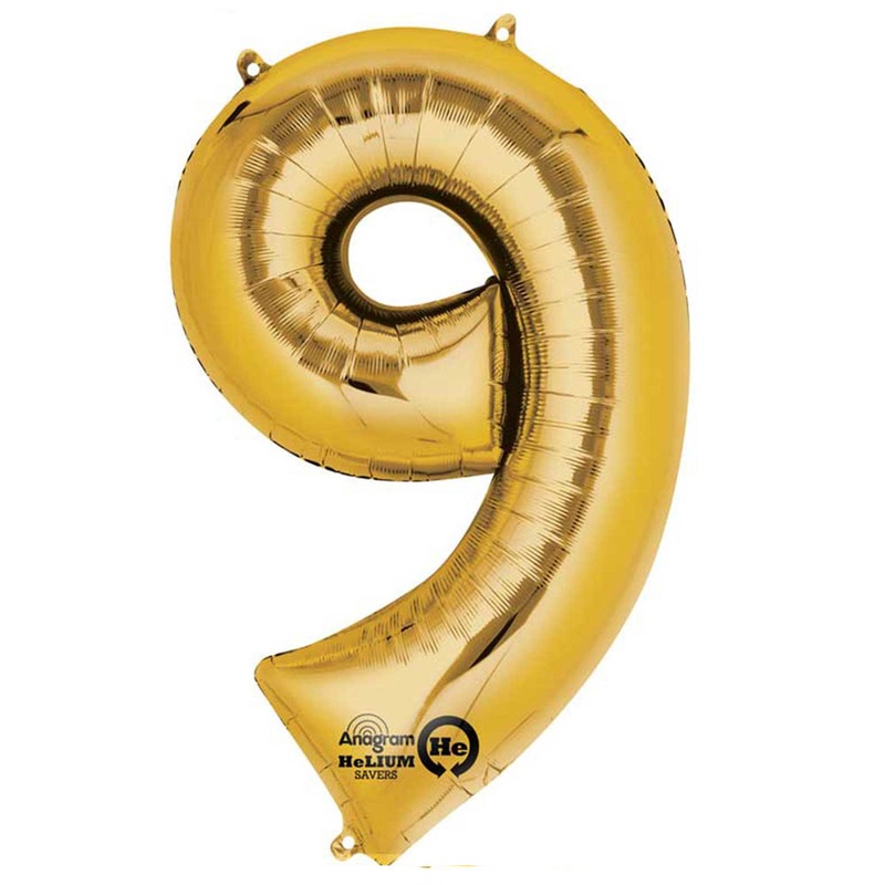 Gold Number 9 Air Filled Foil Balloon - No Helium Required! - 16"