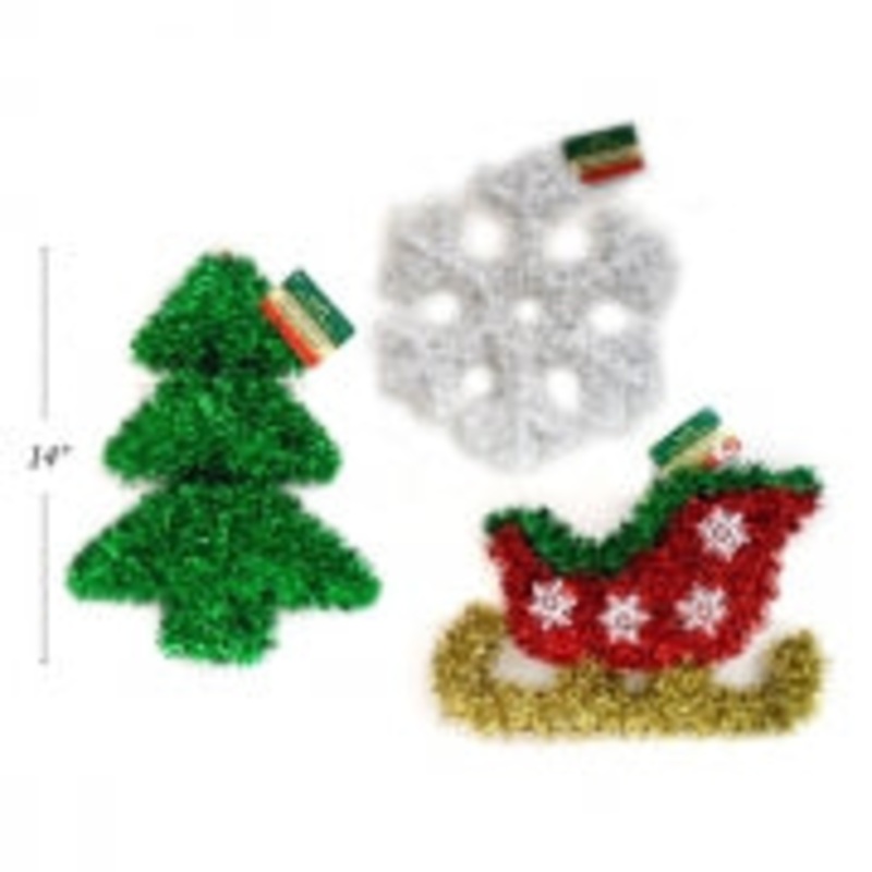 XMAS TINSEL HANGING DECO TREE 35X26.67CM /SLED 34.29X22.86CM /SNOWFLAKE 32.39CM DIA