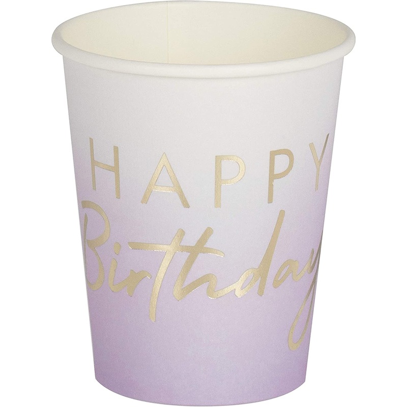 Ginger Ray Gold Foiled Happy Birthday Lilac Ombre Cups - Pack of 8