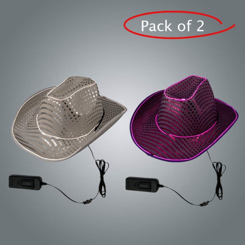 LED Light Up Flashing EL Wire Sequin White & Purple Cowboy Party Hat - Pack of 2 Hats