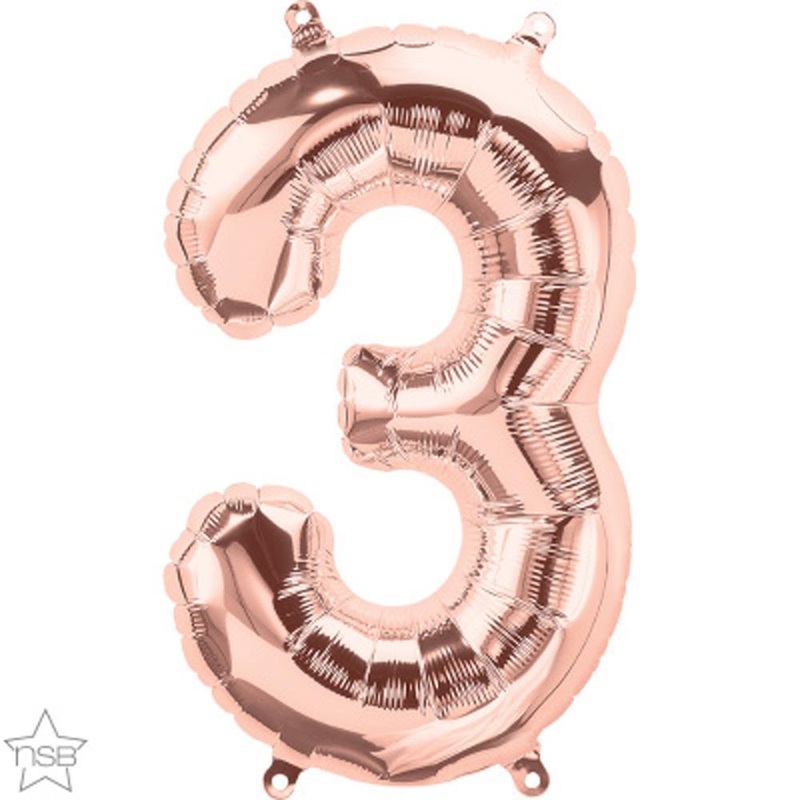 Number "3" Rose Gold Die Cut Air-Filled Foil Balloon 13.5in / 34cm