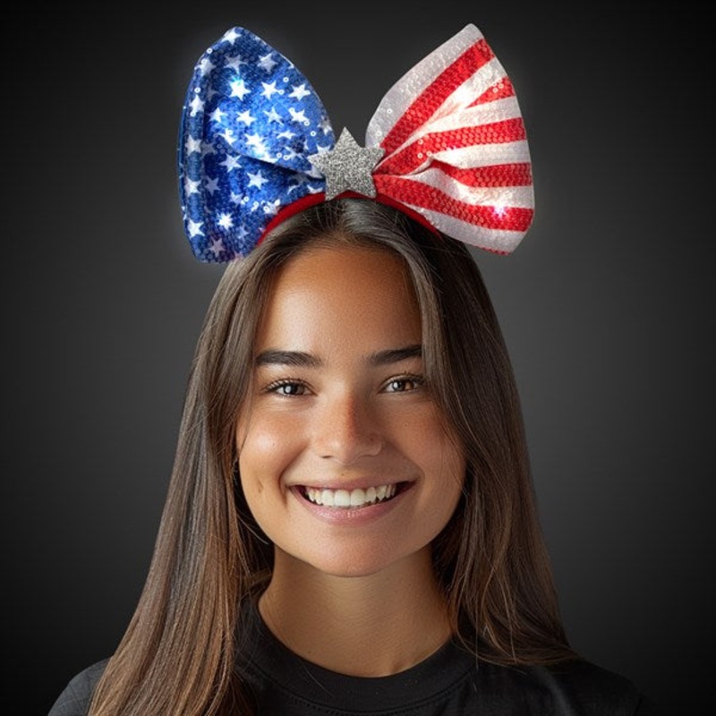 LED Flashing Patriotic USA Flag Star Sequin Bow Headband