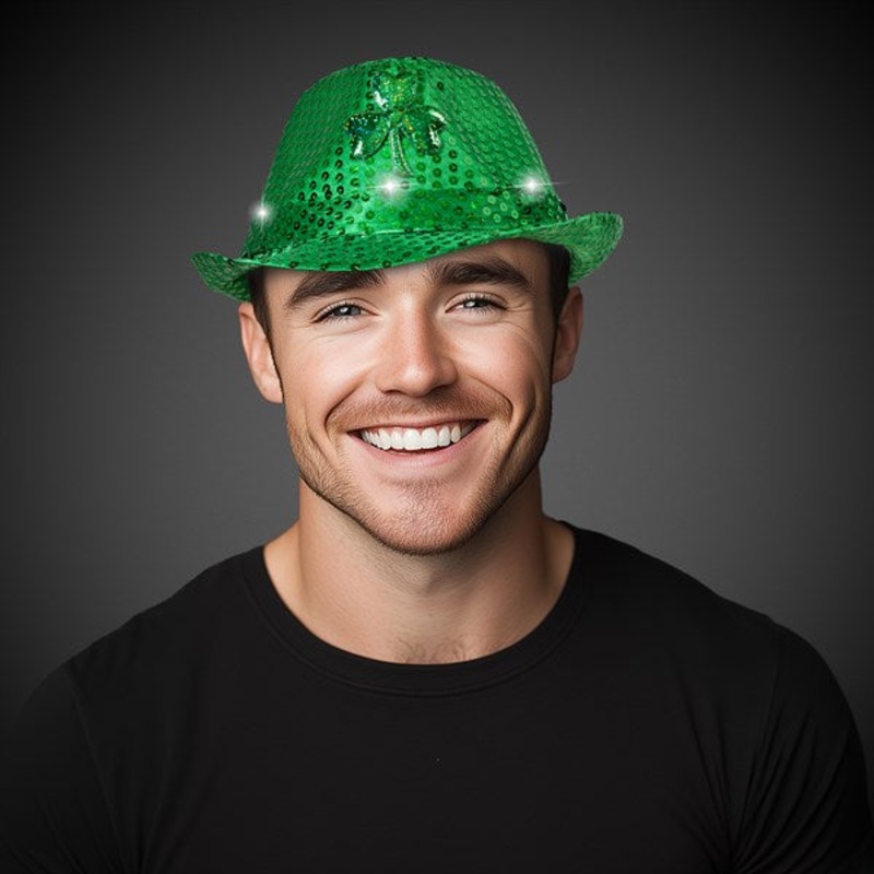 LED Light Up Green Shamrock Sequin Fedora Hat