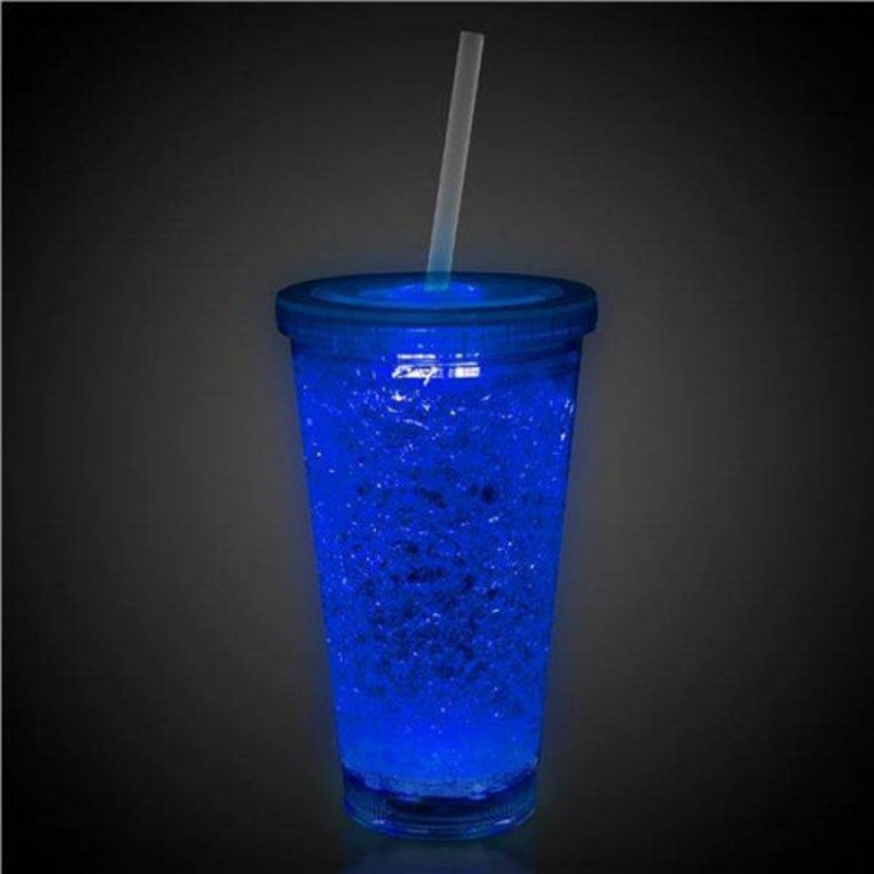 LED Light Up Blue 16 Oz Crystal Tumbler With Lid And Straw