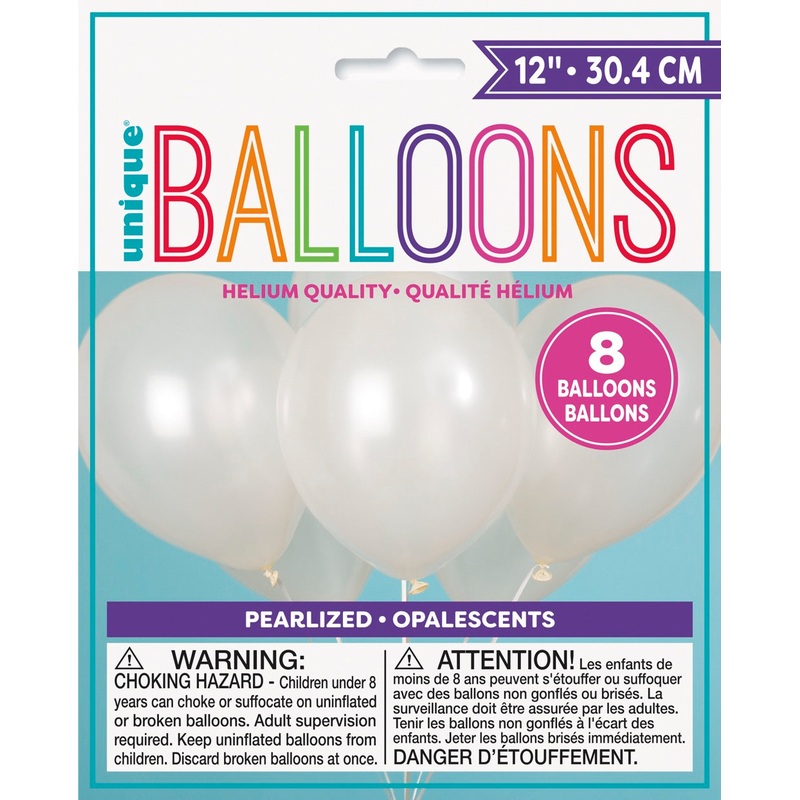 12in Pearlized Packaged Latex Balloons 8ct - White