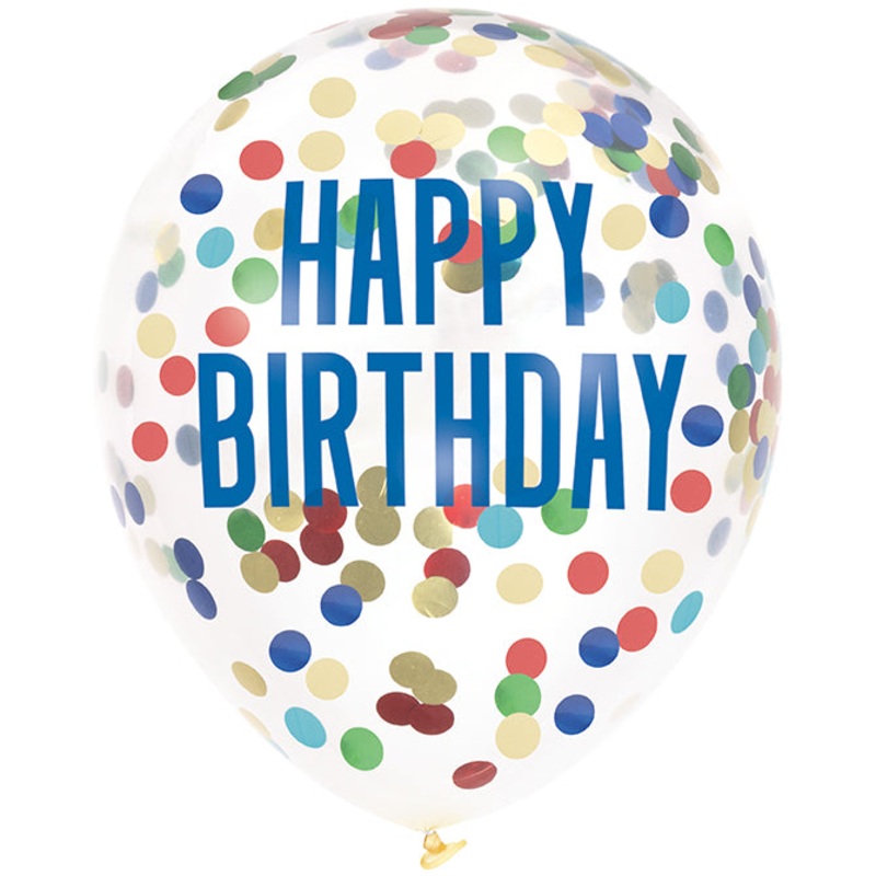Multicolor Foil 12in Confetti Filled "Happy Birthday" Clear Latex Balloons 6ct