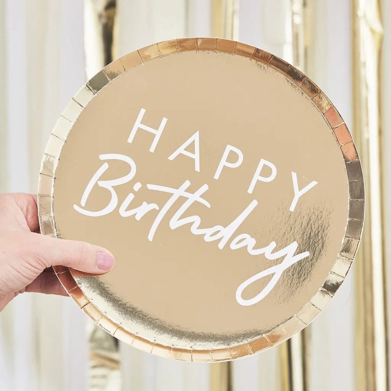 Gold Foiled Happy Birthday Paper Plates 8pk
