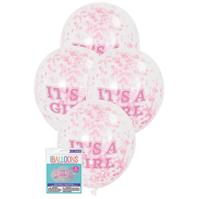 IT'S A GIRL CLEAR BALLOONS PREFILLED WITH PINK CONFETTI 6pc 30.48CM (12")