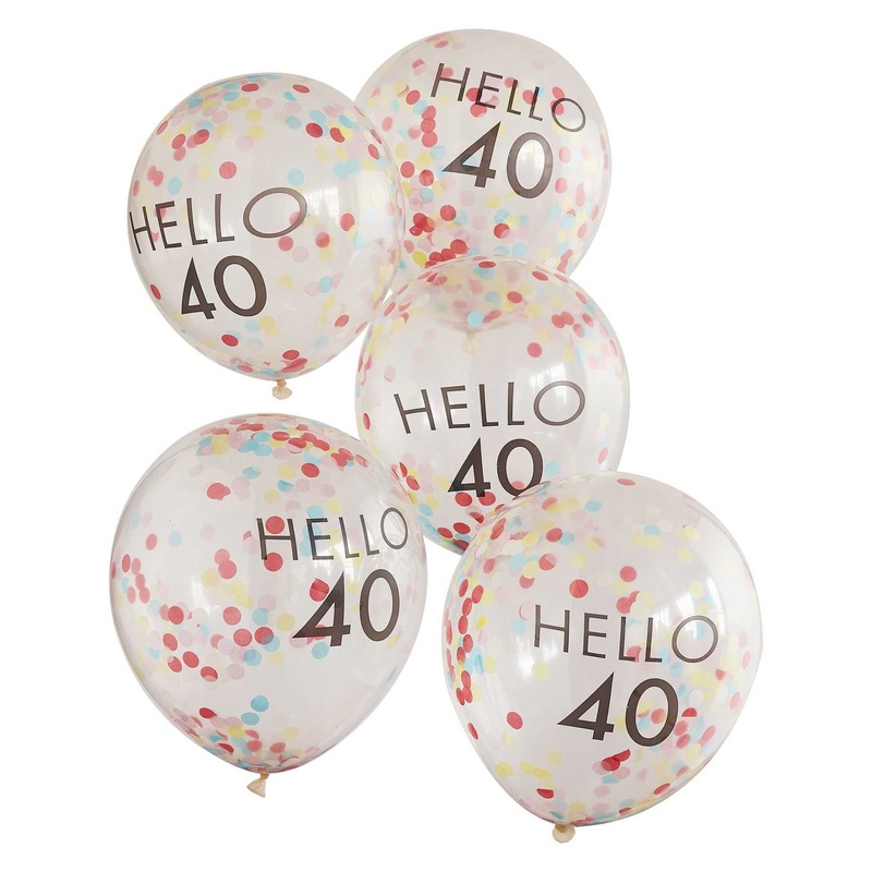 PACK OF 5 LATEX - CONFETTI FILLED - HELLO 40 - RAINBOW