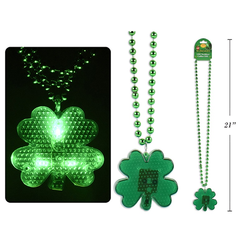 St-Patrick's Green Beaded Shamrock LED Necklace, 30 Inches, 1 Count