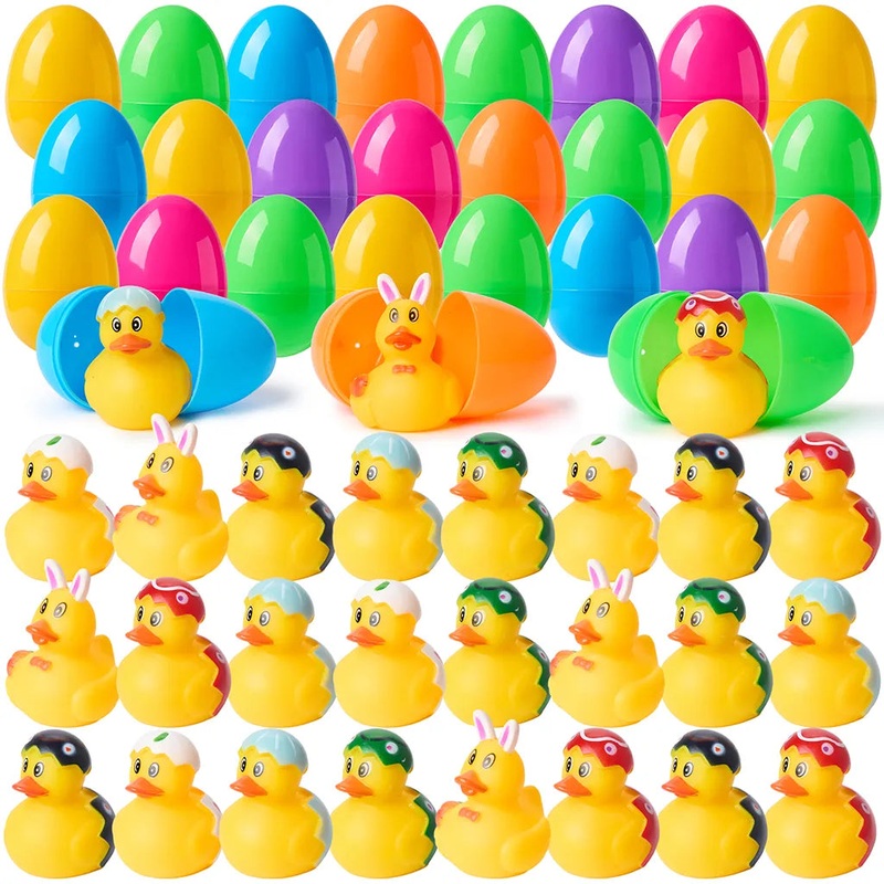 24Pcs Prefilled Easter Eggs with Rubber Ducks, Variety Duckies for Easter Egg Hunt